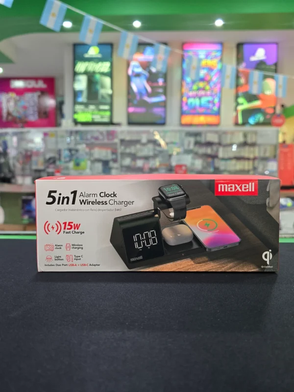 Cargador Inalámbrico Maxell 5 en 1 con Reloj Despertador