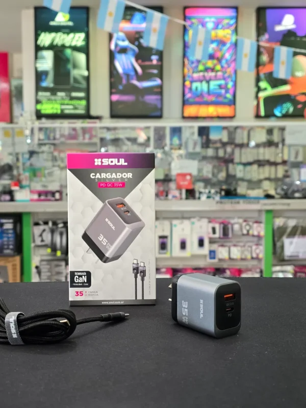 Cargador Completo Soul Silver PD QC 35w Base + Cable tipo c a c Tecnología GaN