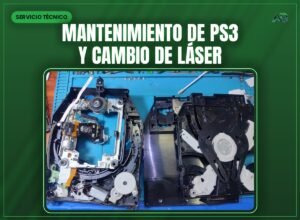 Unidad óptica de una PS3 desarmada sobre la mesa de trabajo, con el láser y los engranajes a la vista