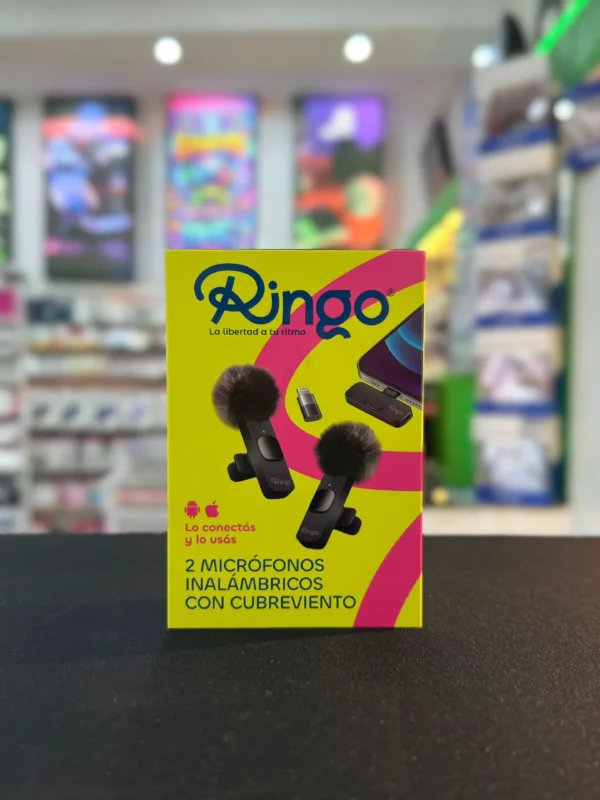 Set de 2 Micrófonos Inalámbricos Ringo con Cubreviento (Plug & Play - Android e iOS)