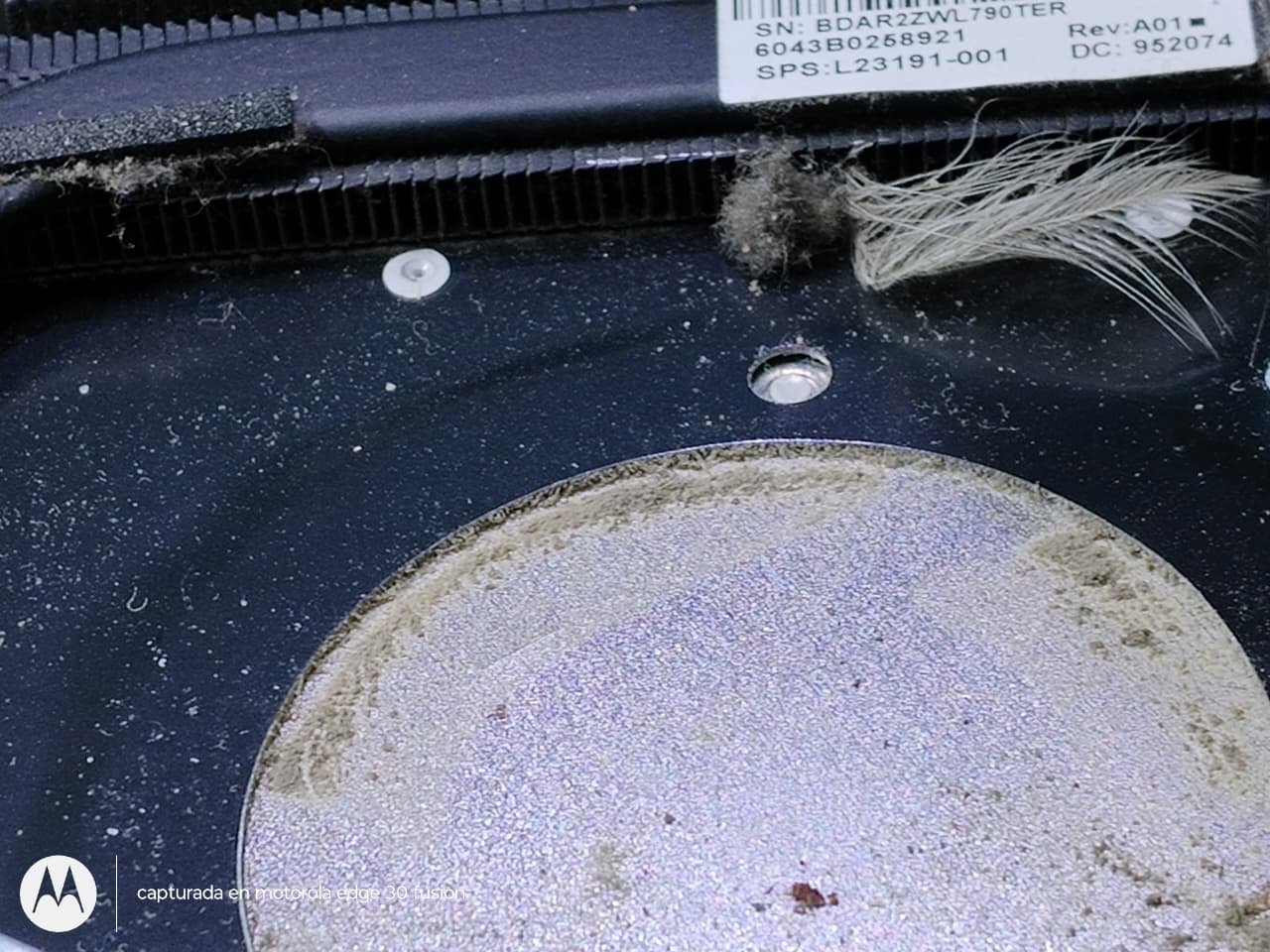 Ventilador de notebook con polvo y pelusa acumulados antes del mantenimiento